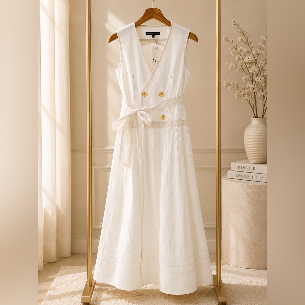 Zara White Sleeveless Maxi Dress with Waist Tie
